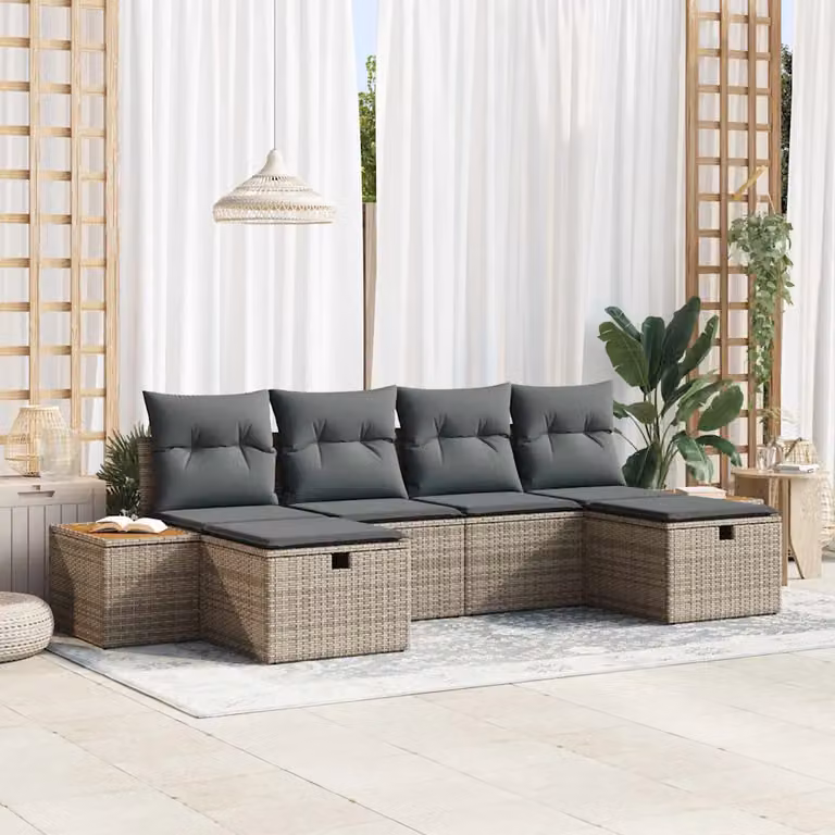 Set Divano da Giardino vidaXL 6 Pezzi in Polyrattan Grigio con Cuscini e Tavolino