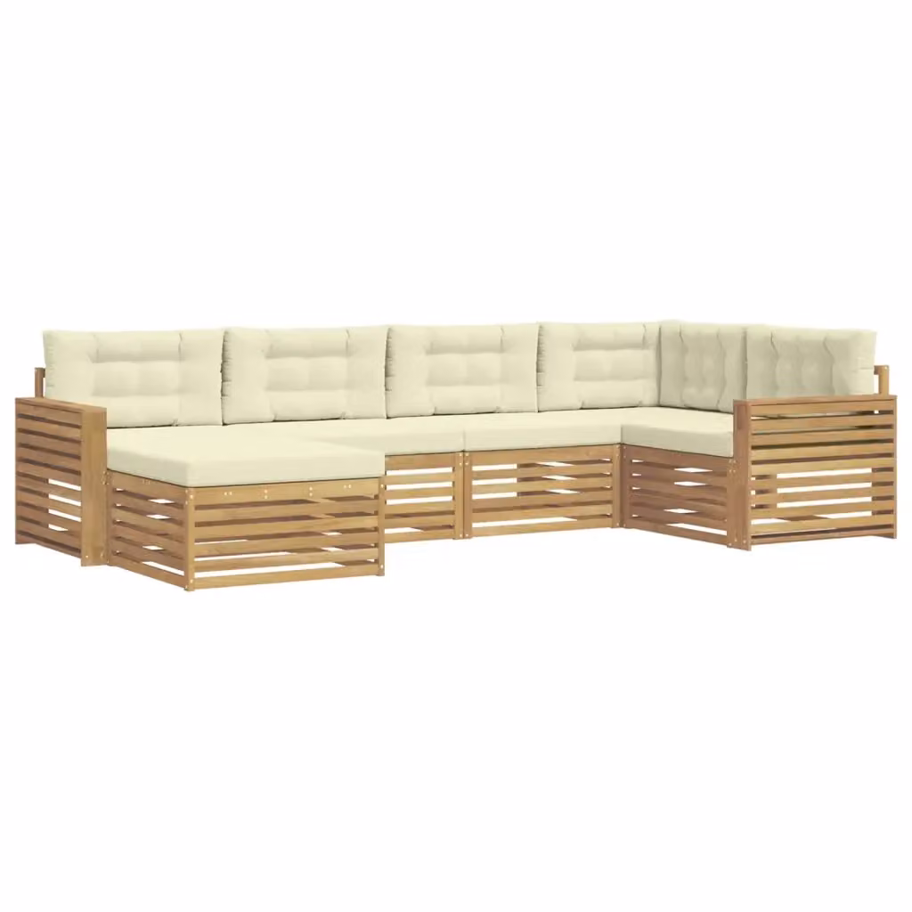 Set di divani da esterno a L vidaXL in legno di acacia con pouf e cuscini, Bianco e Beige – 2