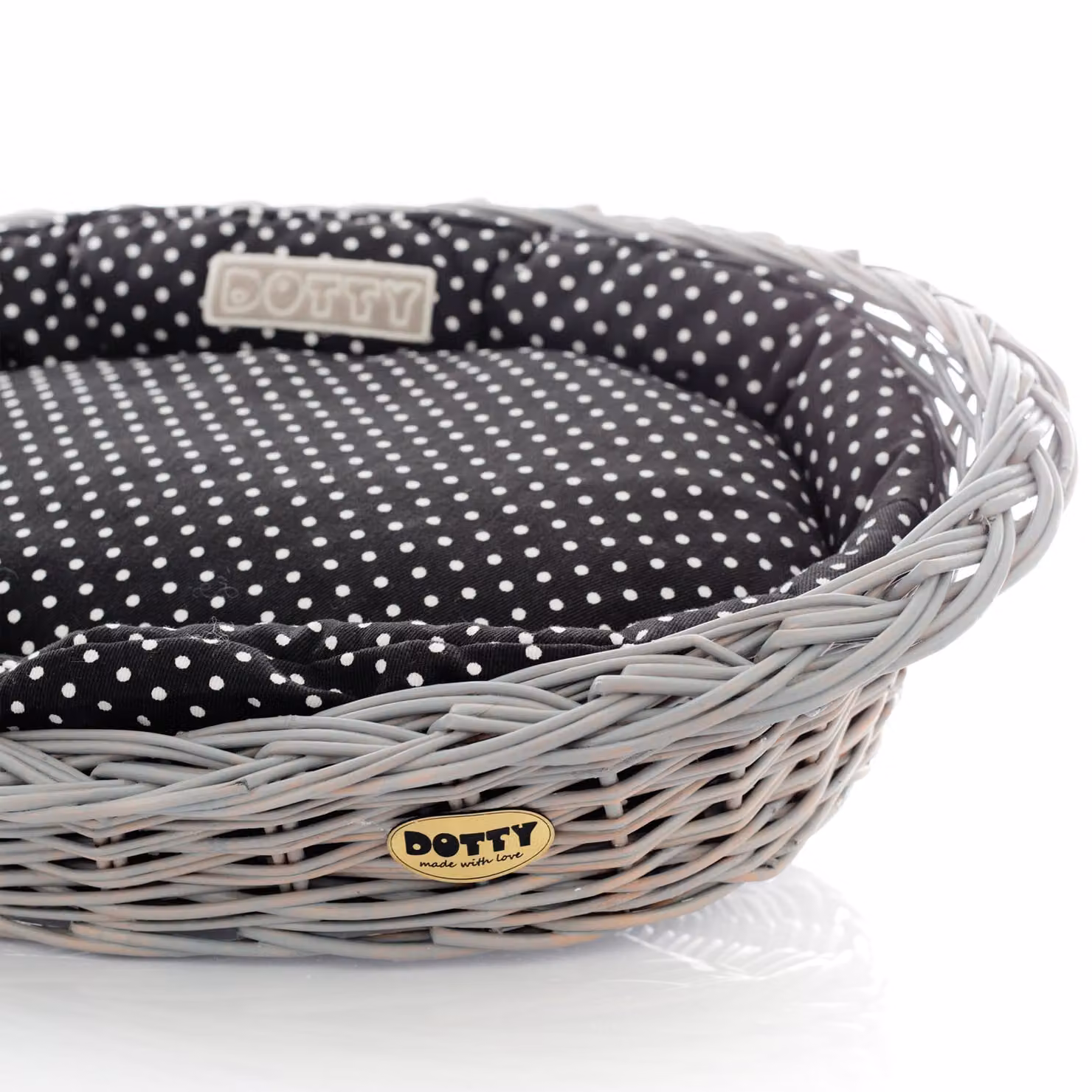 Cesto di vimini grigio dipinto a mano Cesto vichingo con cuccia in cotone - Nero a pois bianchi - Lavabile e morbido - DOTTY
