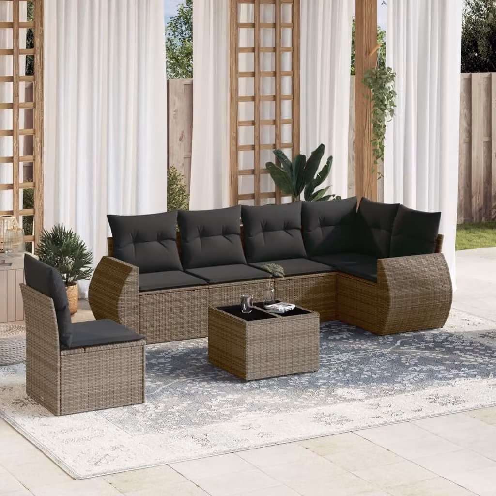 vidaXL Set Divani da Giardino 7 pz a Forma a L con Cuscini Grigio in Polyrattan e Tavolino in Vetro – 1