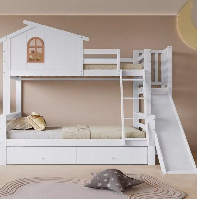 Letto a castello ULEVR 90x200 e 120x200 cm con scivolo, 2 cassetti e scala inclinata a 4 gradini, bianco