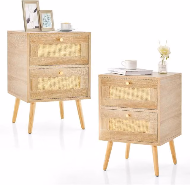 Comodino in Rattan con 2 Cassetti COSTWAY in Colore Beige con Gambe in Legno, L/P/H: 40 x 40 x 59 cm