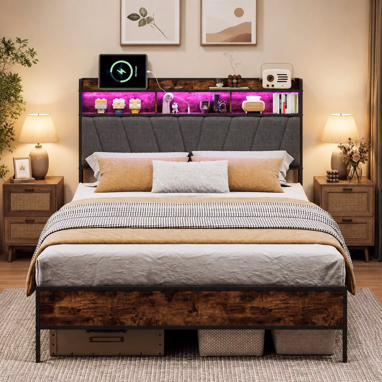 Letto matrimoniale in metallo INONEFT, 140x200 cm, con testiera e spazio contenitore, letto imbottito con illuminazione LED e funzione di ricarica USB, struttura del letto con rete a doghe, colore: grigio
