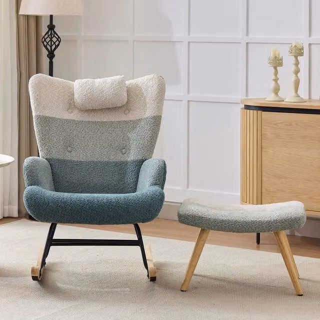 Poltrona Dondolo Boucl¨¦ con Poggiapiedi ¨C Xylo ¨C Patchwork, Gambe in Legno