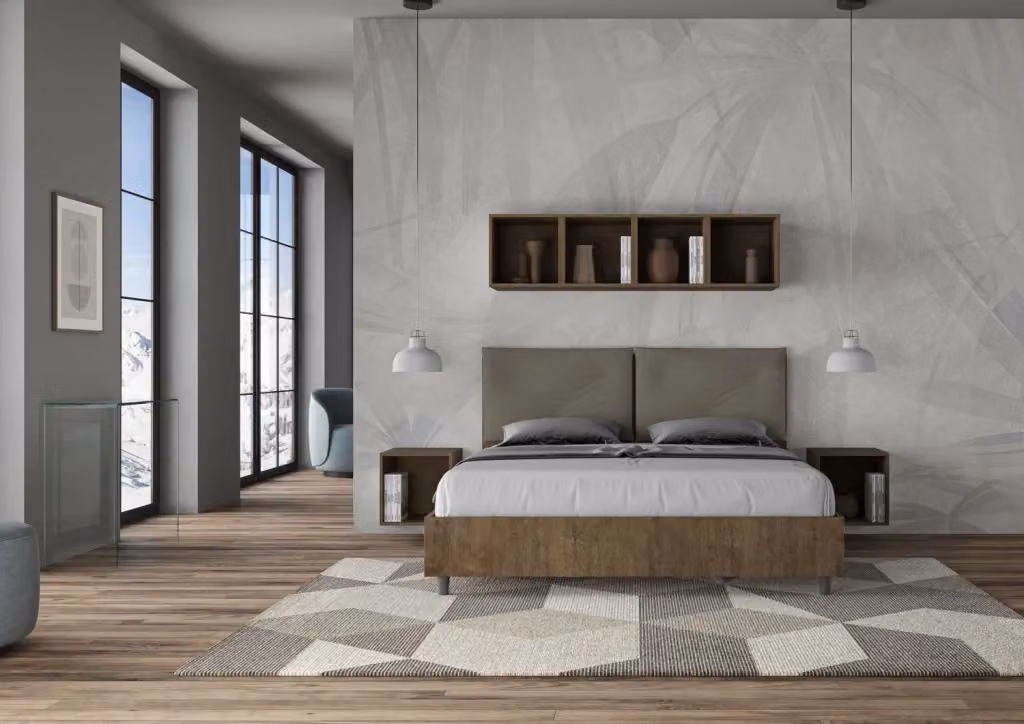 Letto Matrimoniale Egos Appia con Contenitore e Rete, Struttura Noce e Cuscini in Similpelle Cappuccino, L/P: 160 x 200 cm – 2