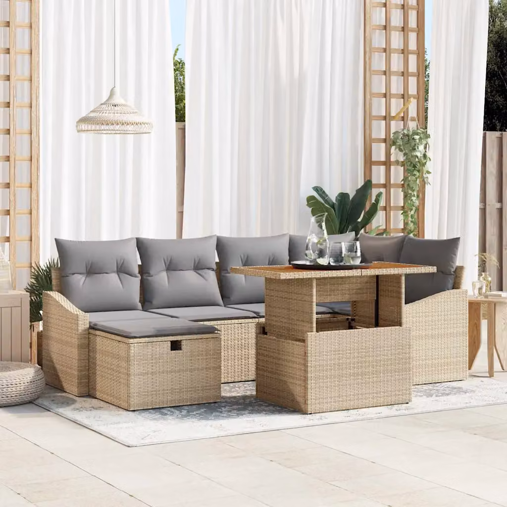 Set Divano da Giardino vidaXL 7 Pezzi in Polyrattan Beige con Cuscini e Tavolino da Caffè