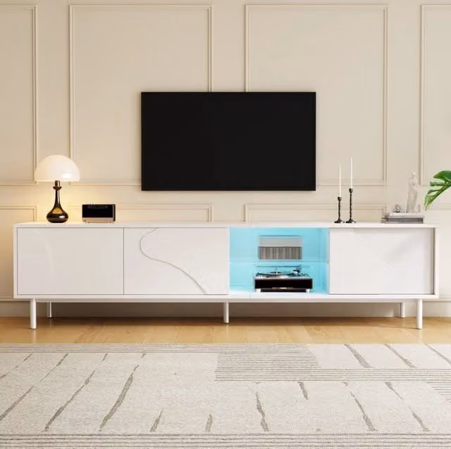 Mobile TV MODFU bianco con illuminazione LED integrata e ripiano in vetro, L 180 x P 40 x H 45 cm