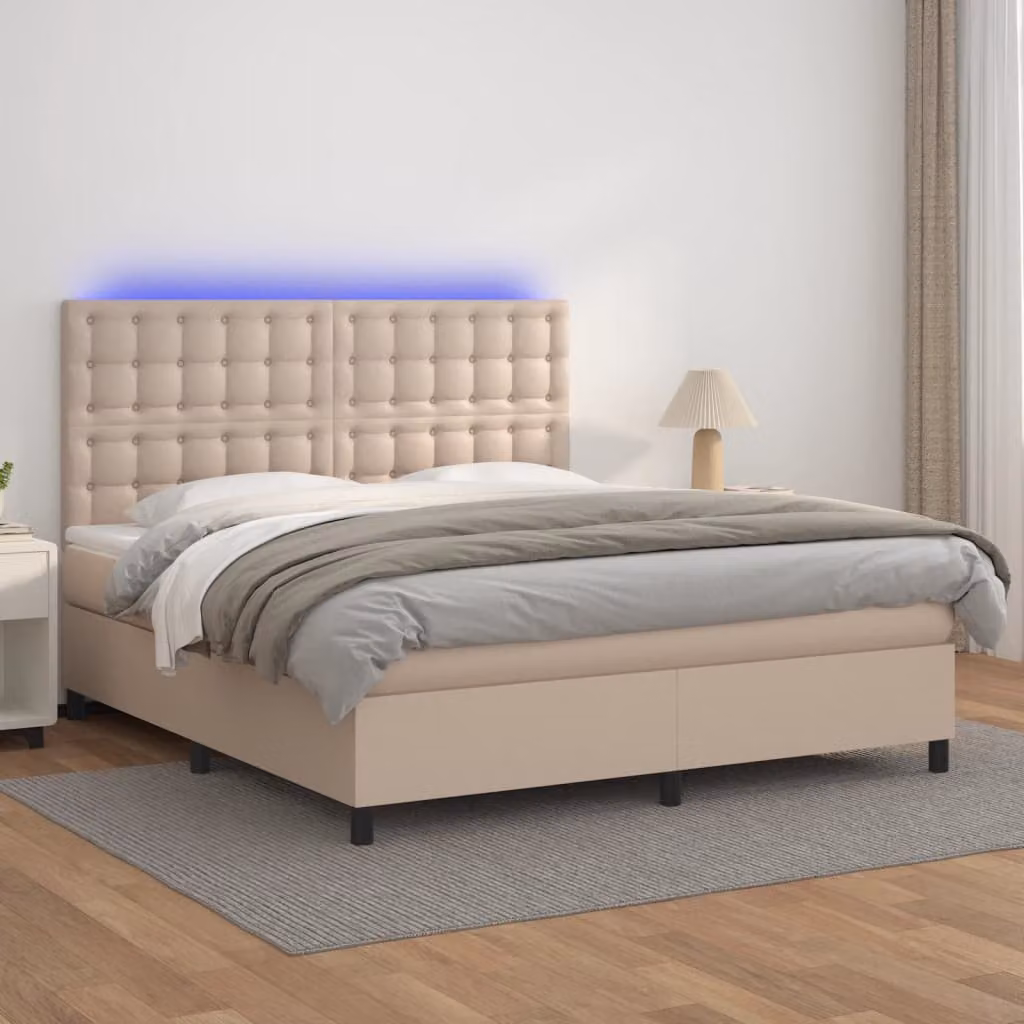 Letto con giroletto a molle e illuminazione LED vidaXL in similpelle color cappuccino L: 180 cm, P: 200 cm