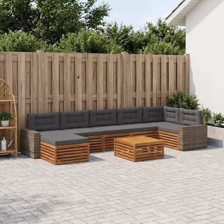 vidaXL Set di divani da esterno a L in legno di acacia con 8 pezzi, colore Naturale e Antracite