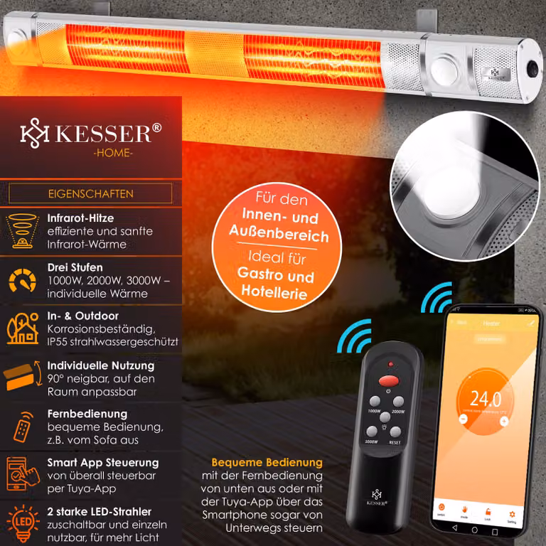 Riscaldatore a infrarossi KESSER® 3000 W IR-Gastro-Bar con luce LED, riscaldatore da terrazza con WiFi e telecomando, custodia protettiva inclusa; riscaldatore a infrarossi, riscaldatore al quarzo, riscaldatore da terrazza, riscaldatore da parete