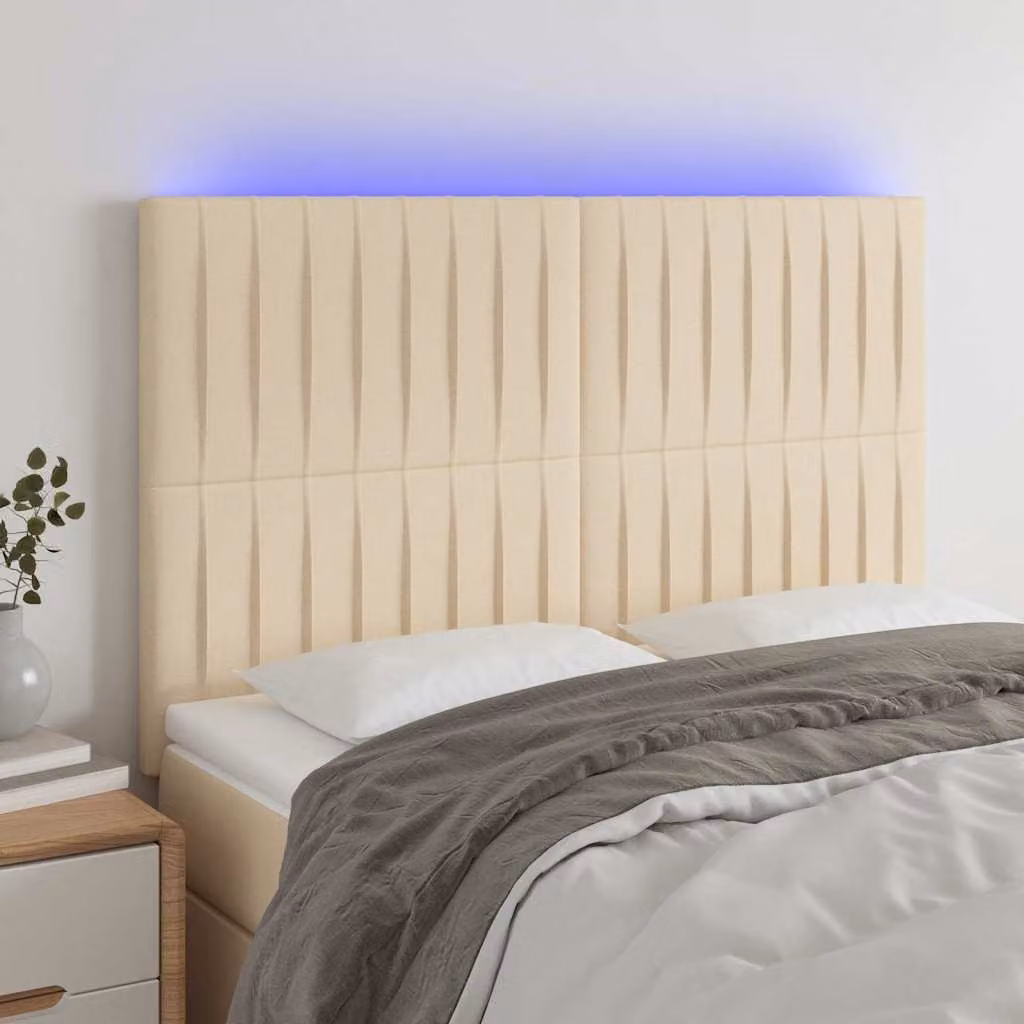 Testiera per letto vidaXL in tessuto beige con illuminazione LED e porta USB, L 144 x P 5 x H 118/128 cm