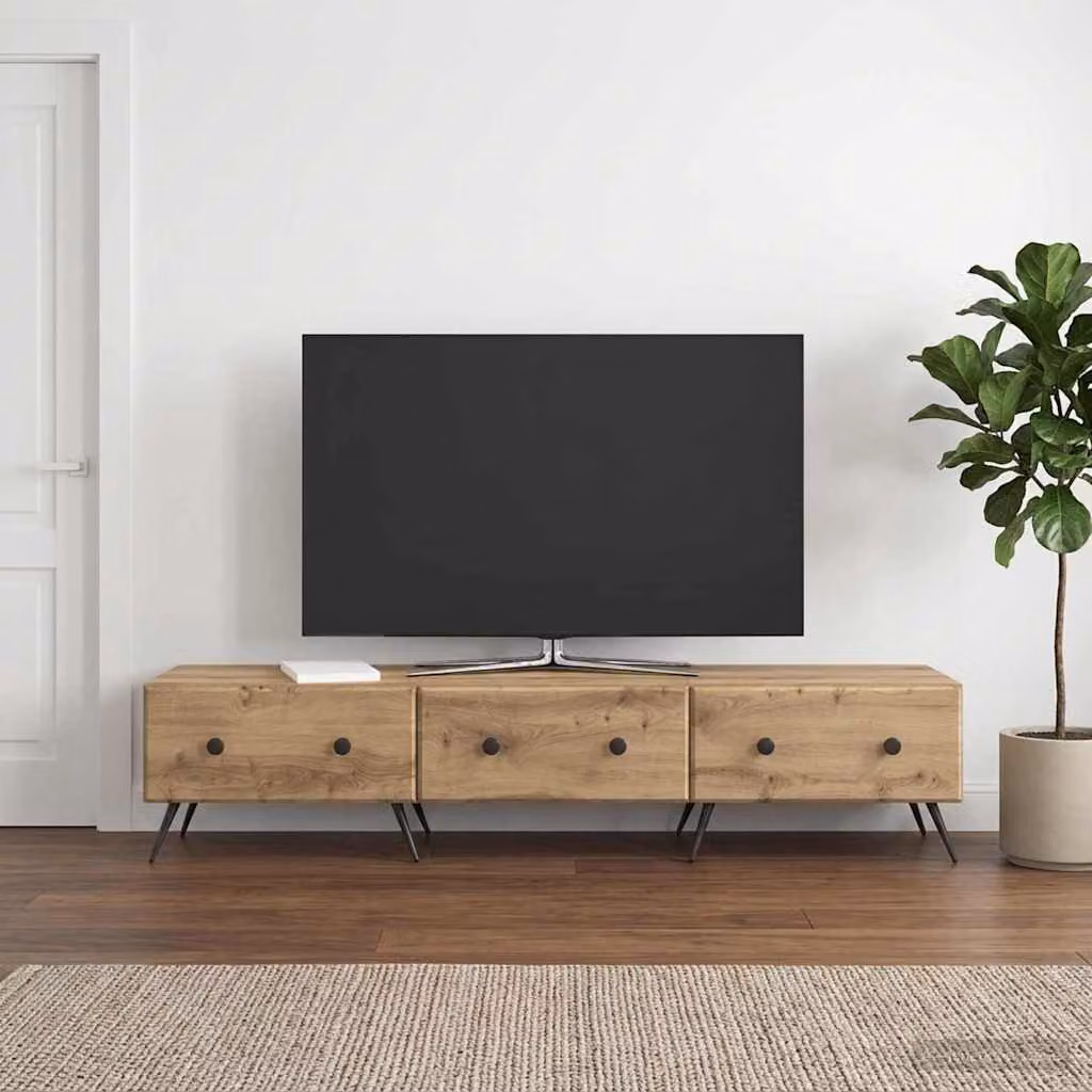 Mobile TV moderno vidaXL in legno e metallo, colore marrone rovere, L 147 cm x P 34,5 cm x H 30 cm