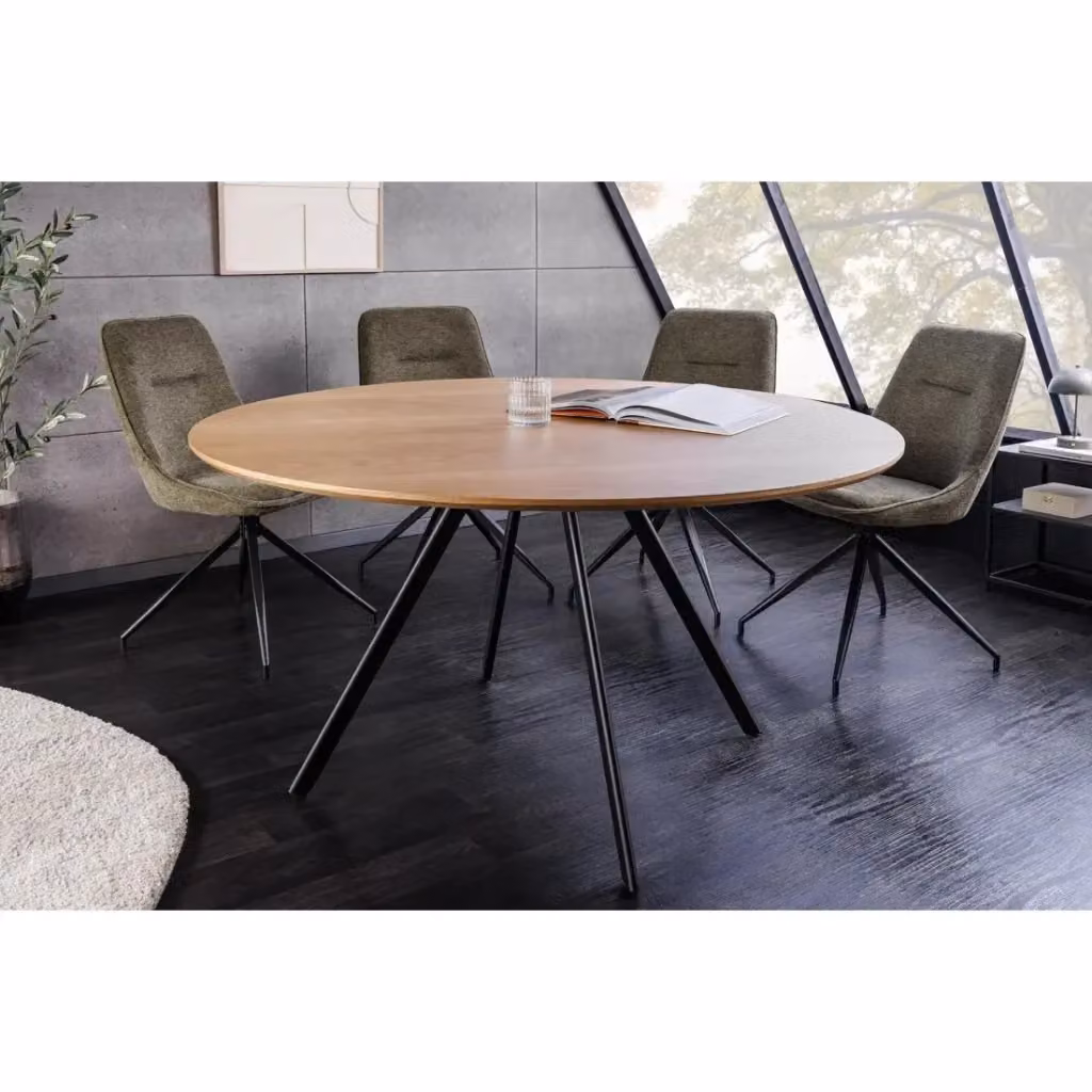 Tavolo da pranzo rotondo Meublorama in stile industriale con piano in legno marrone e struttura in metallo nero, Diametro: 120 cm, Altezza: 75 cm – 2