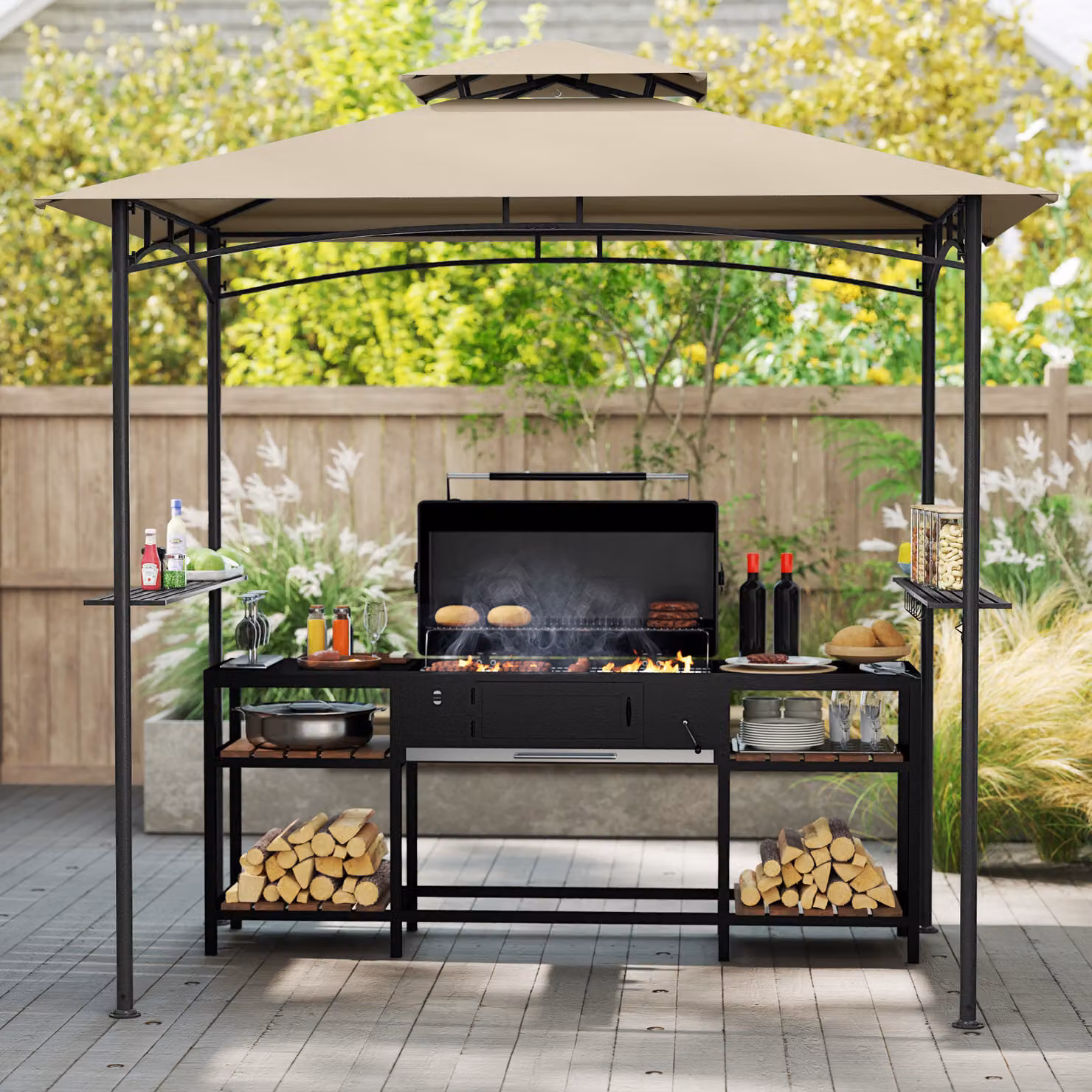 Gazebo per barbecue e pergolato con doppio tetto Costway, tenda da esterno in metallo beige, L: 242 cm