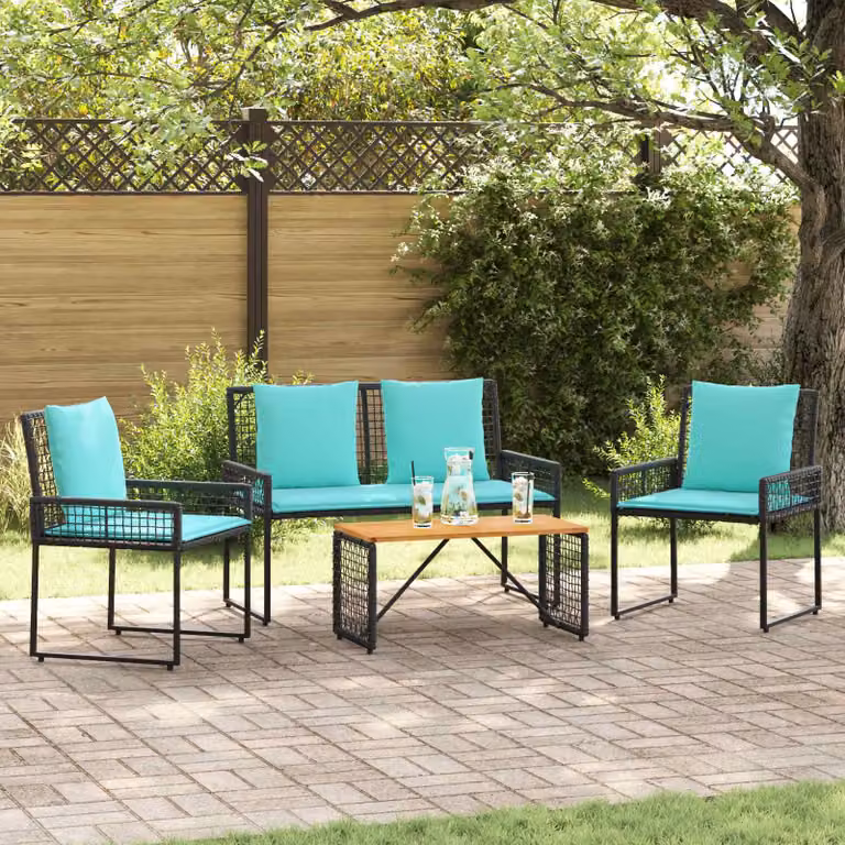 vidaXL Set di Mobili da Esterno 4 pz in Polyrattan e Legno di Acacia, Colore Nero e Turchese