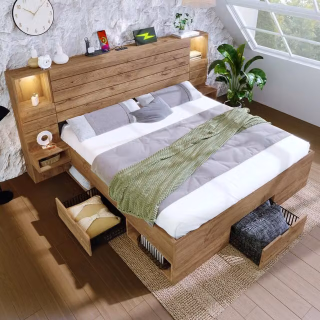 Letto matrimoniale 180 × 200 cm con cassetti e vani, faretti LED, USB e Tipo C, senza materasso, rovere