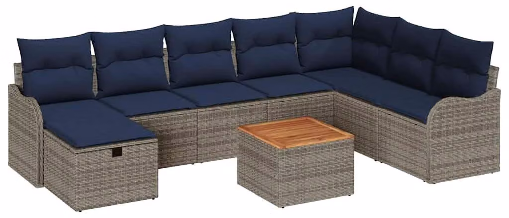 Set di divani da giardino, 9 pezzi, colore grigio, in rattan sintetico