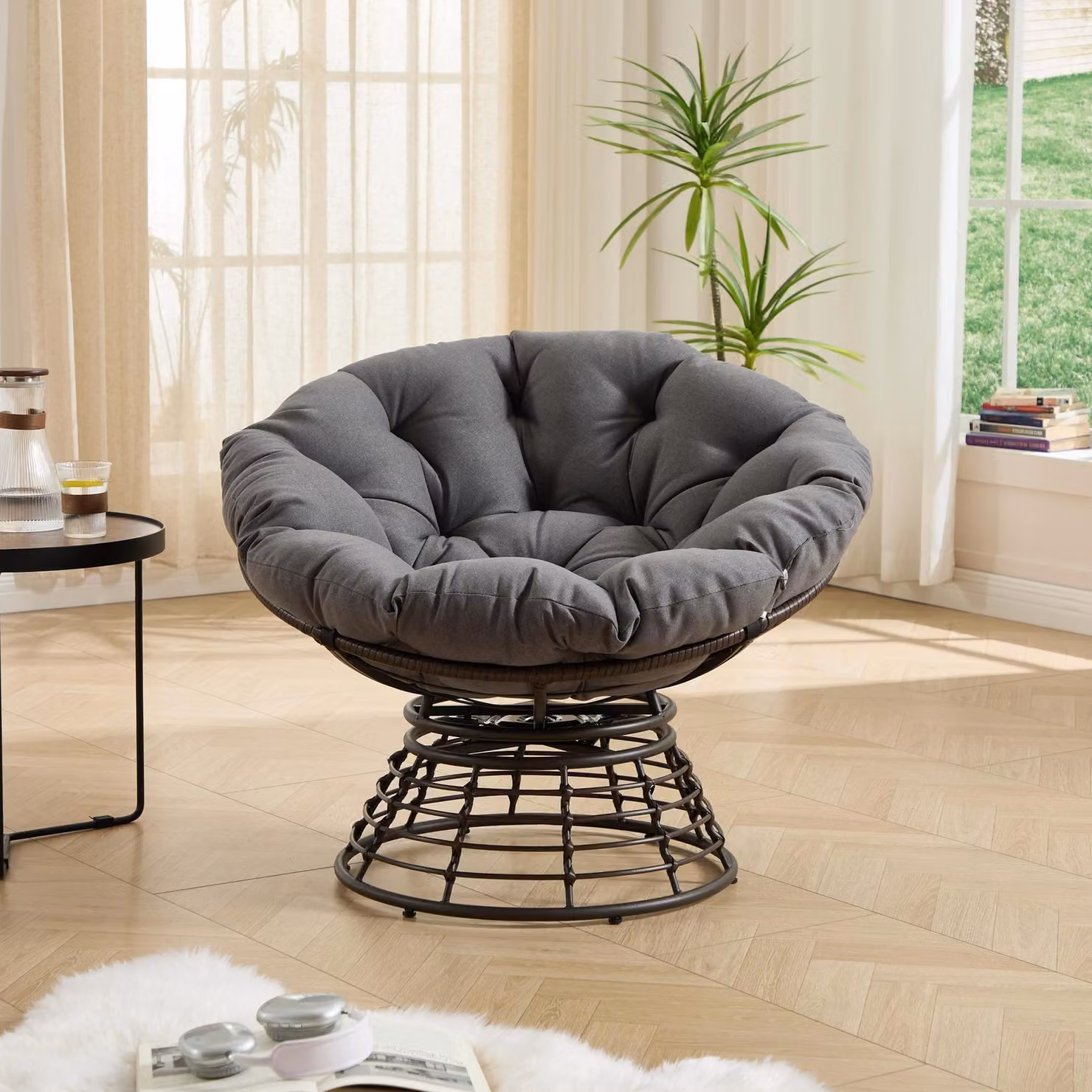 Poltrona Papasan girevole a 360 con struttura in metallo e cuscino in tessuto, L/P/H: 92 x 92 x 67 cm, Grigio – 2