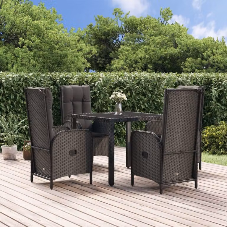 Set da pranzo da giardino vidaXL in polyrattan nero con tavolo in vetro e 5 sedie con cuscini