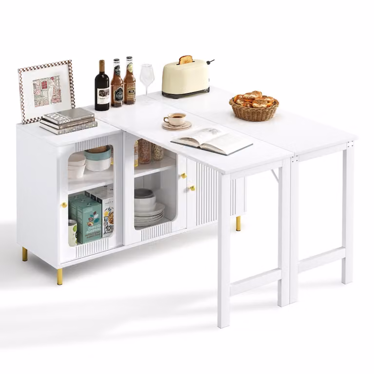 Mobile buffet moderno, bianco, con piano ribaltabile/estendibile, girevole, gambe dorate, ante scorrevoli in vetro e motivo a onde.