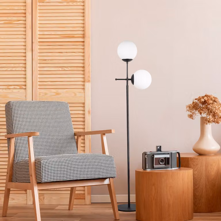 Opviq, moderna lampada da terra con struttura in metallo e paralume in vetro, altezza 174 cm, 34 x 15 cm, 2 x E27 max. 40 W, IP20, cavo da 350 cm, design elegante per hotel e abitazioni.