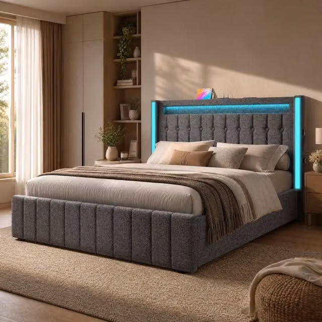 Letto matrimoniale imbottito 160 × 200 cm in lino grigio con LED USB Tipo C quattro cassetti e rete a doghe