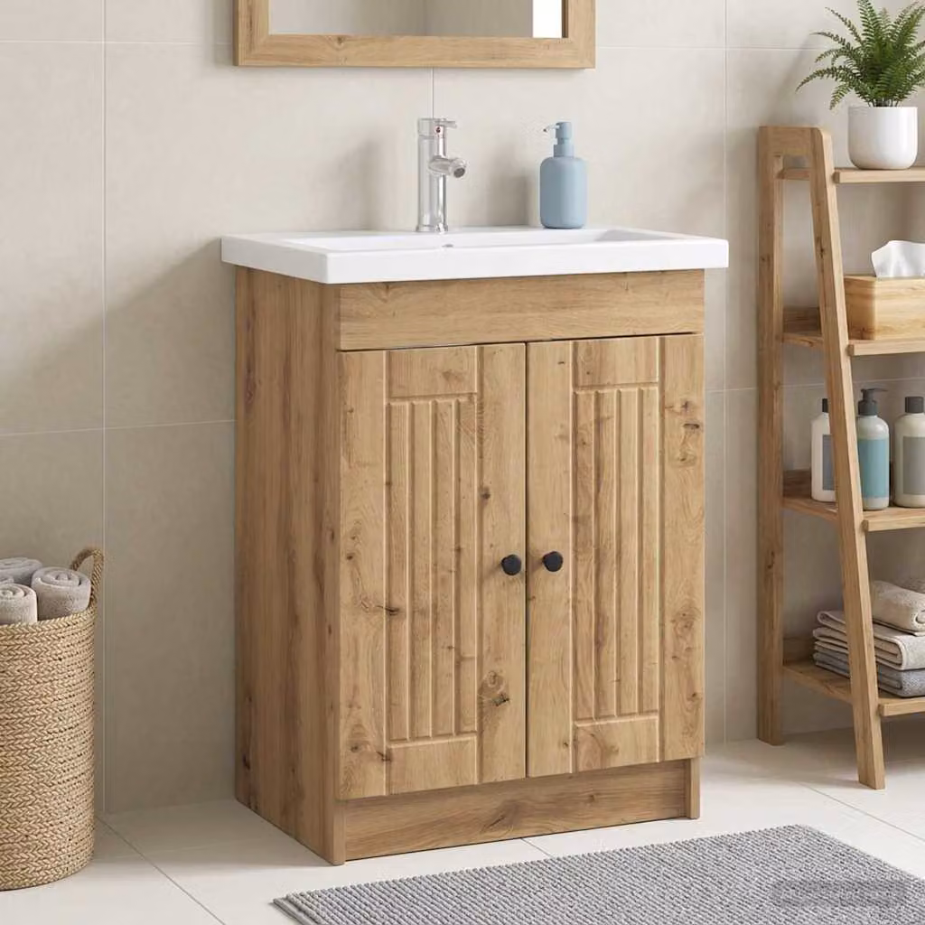 vidaXL Mobiletto da bagno sotto il lavello moderno in rovere e metallo, colore marrone e nero, H: 81,0 cm, L: 56,0 cm, P: 37,5 cm