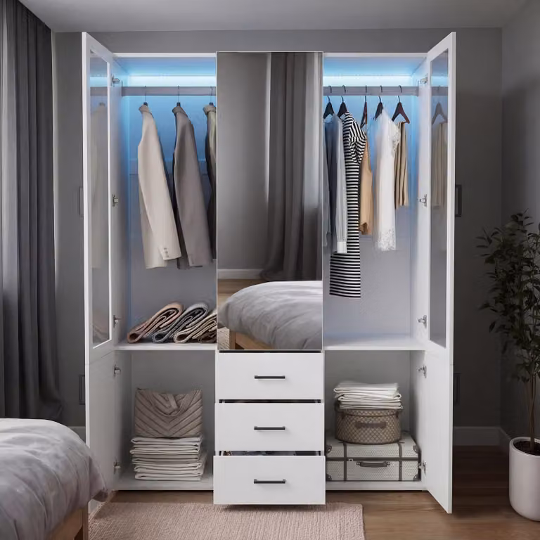 Armadio UnboxG da 130 cm con illuminazione a LED, armadio a 4 ante con specchio, 3 cassetti, armadio bianco per camera da letto