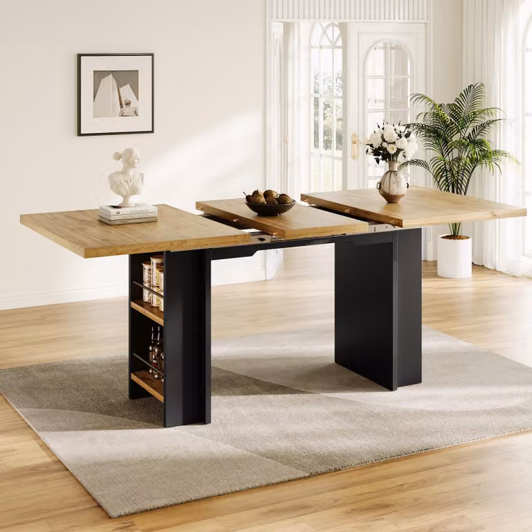 okwish: Tavolo da pranzo, tavolo telescopico con ripiani, tavolo da cucina con spazio di stoccaggio aperto, tavolo pieghevole, adatto per la cucina e il soggiorno, legno naturale
