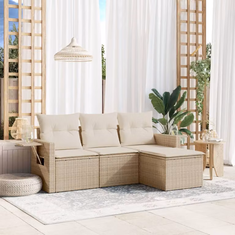 vidaXL Set Divano da Giardino 4 pz in Polyrattan Beige con Cuscini e Struttura in Metallo