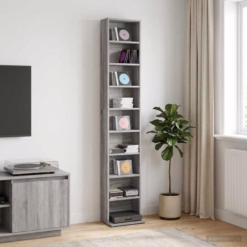 Mobile per CD vidaXL Sonoma grigio con ripiani regolabili L 33 cm, P 23,5 cm, H 175 cm