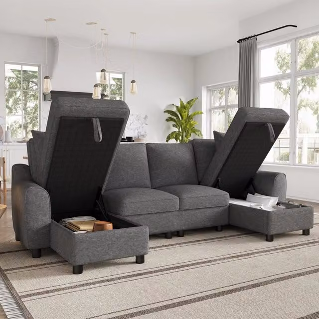 Divano modulare a U WISHDOR in tessuto grigio con funzione letto e contenitore, L: 280 cm, P: 137 cm, H: 84 cm