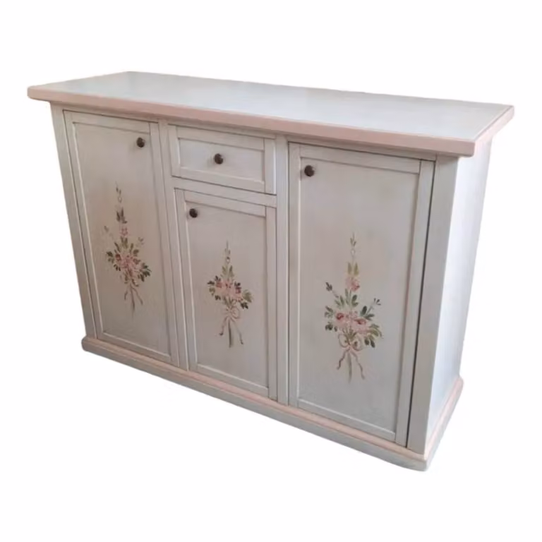 Credenza Mobili 2G in stile shabby chic con 3 porte e 1 cassetto, colore bianco anticato con decori floreali rosa, L: 120 cm, P: 39 cm, H: 85 cm