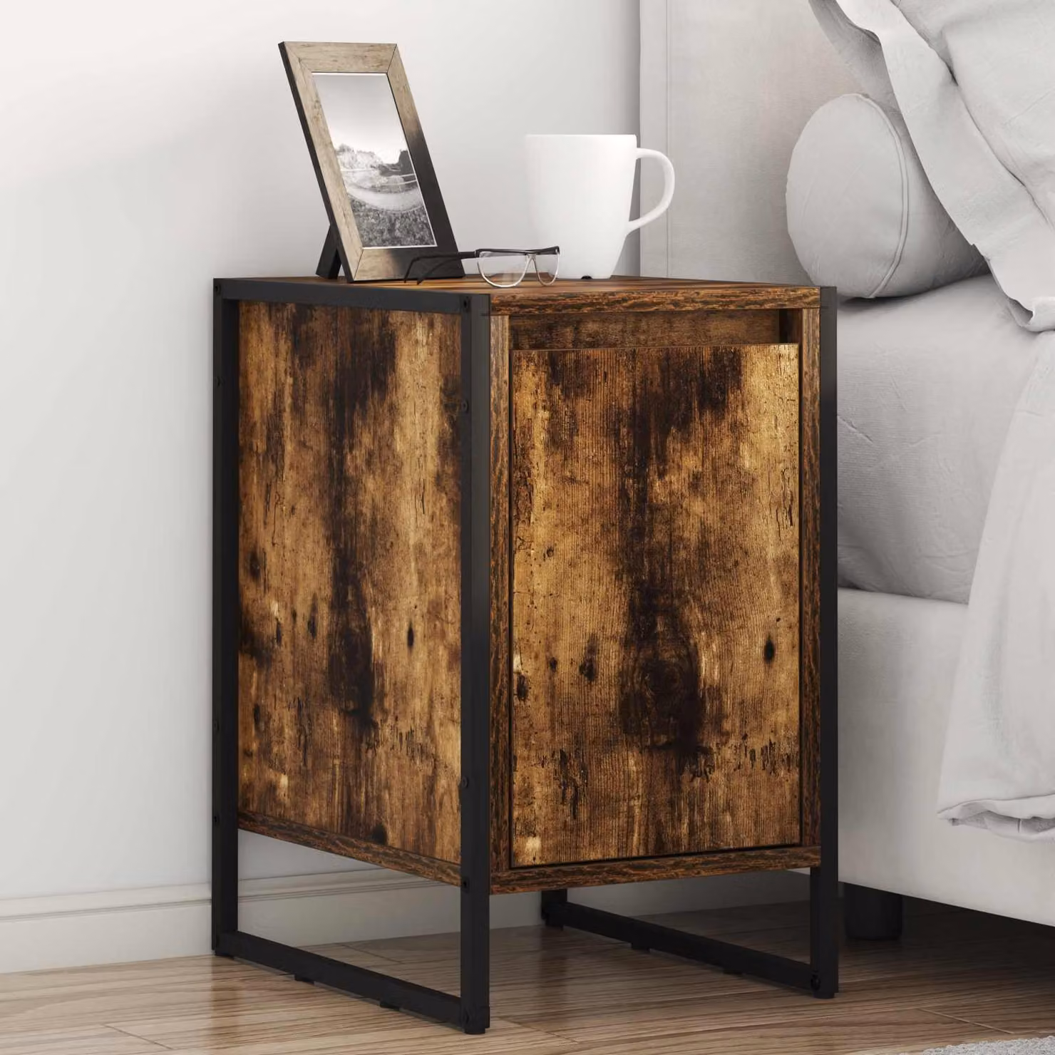 Comodino vidaXL in stile industrial color rovere fumo, L: 39,5 cm, P: 30 cm, H: 50 cm