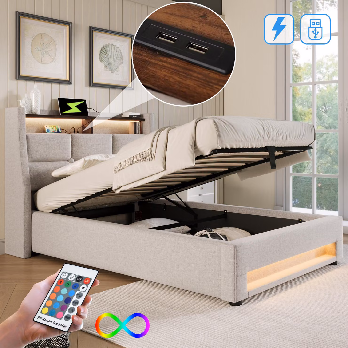 Letto imbottito 90x200 cm con illuminazione LED, 2 porte USB, spazio contenitivo con sistema a gas, ripiano e rete a doghe, rivestito in lino, colore beige chiaro