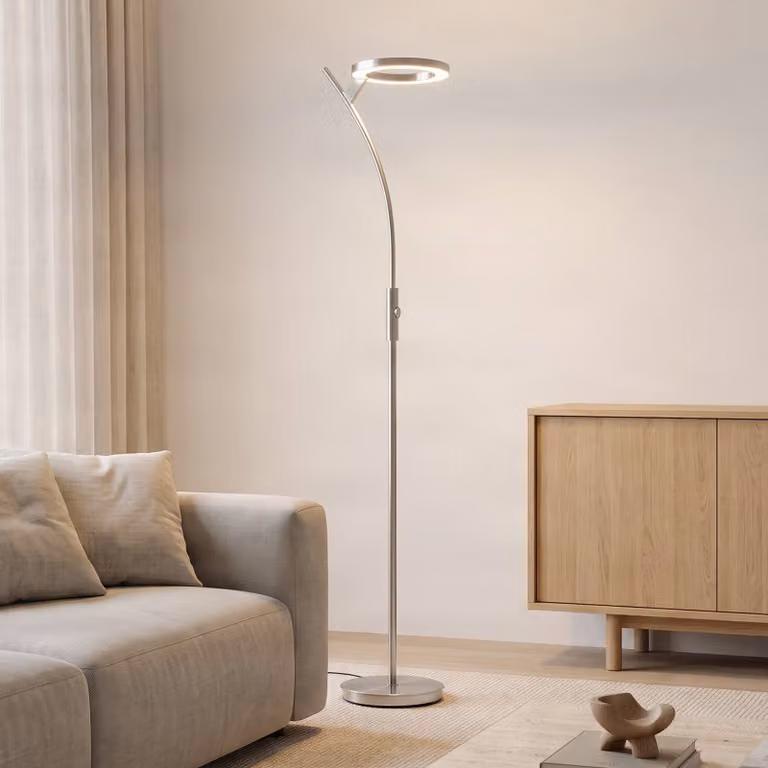 Lampada da terra con luce lettura Darion Lindby, dimmerabile, Alluminio / Grigio / Zincato, Soggiorno / Sala da pranzo, Metallo, Moderno, Lampada LED da terra