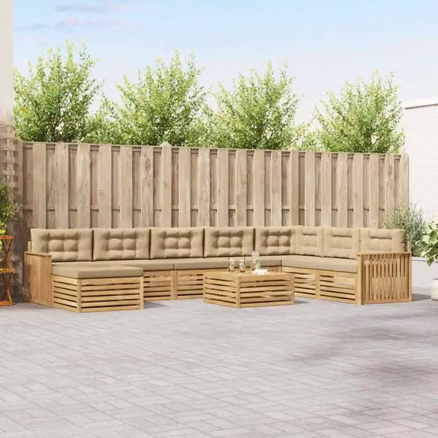 Set di divani da esterno a L vidaXL in legno di acacia con 9 pezzi, colori bianco, beige e marrone – 1