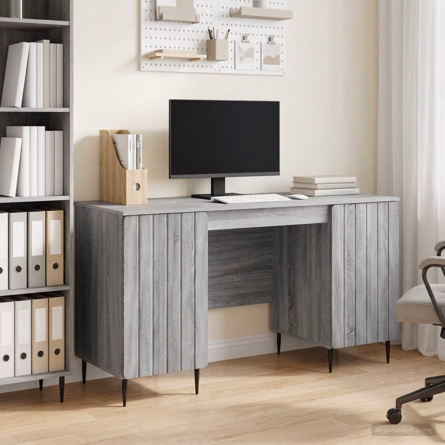 Scrivania moderna vidaXL in legno ingegnerizzato e metallo, Grigio, L 142,5 x P 50 x H 75 cm