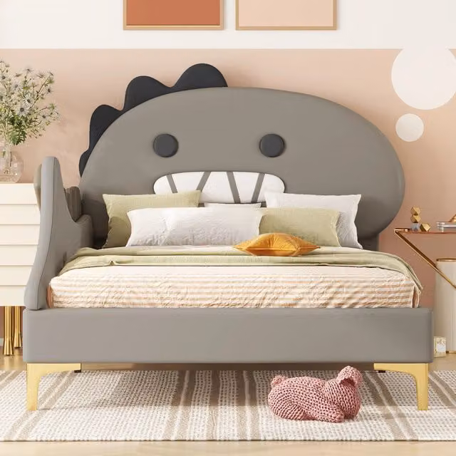 Letto per bambini 90×200 cm con testata a forma di dinosauro, colore grigio, in PU e MDF, senza materasso