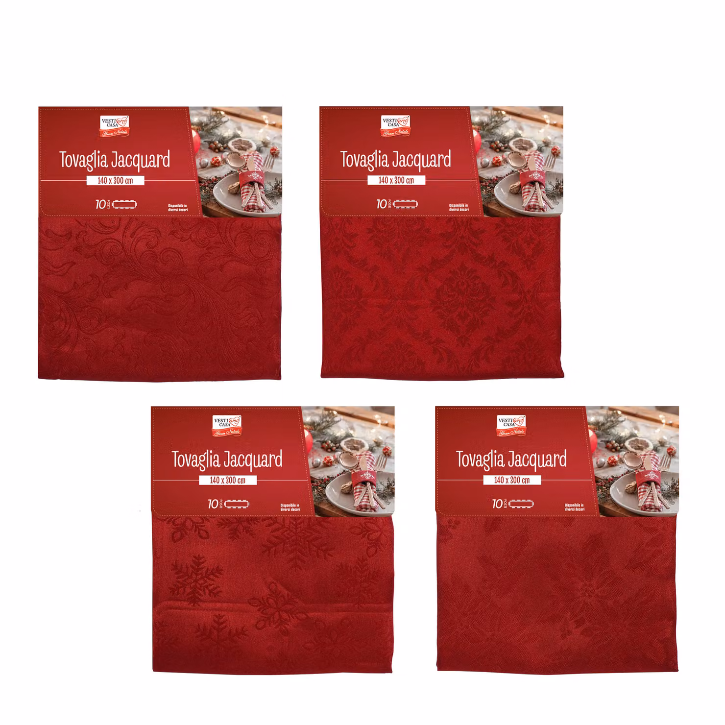 Tovaglia Natalizia Jacquard Vestiamo Casa Rossa con Motivo Floreale per 10 Posti L: 300 cm, P: 140 cm – 1