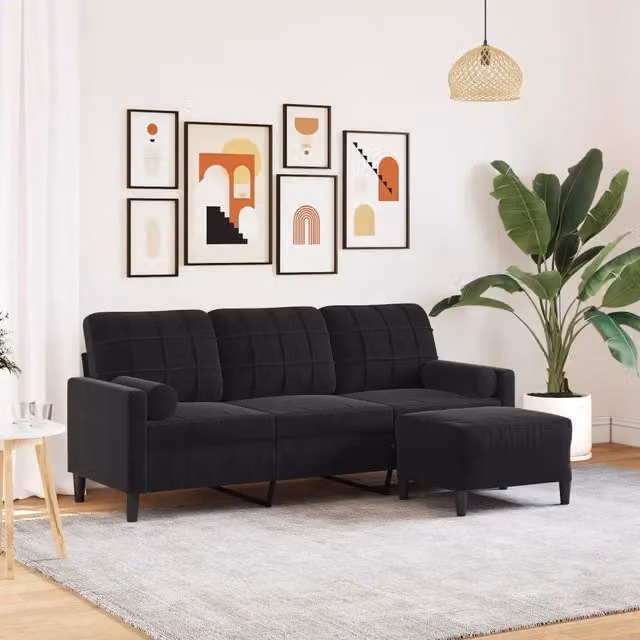 Divano a 3 Posti con Poggiapiedi-Sofa 3 Posti con Poggiapiedi Nero 180 cm in Velluto 892917