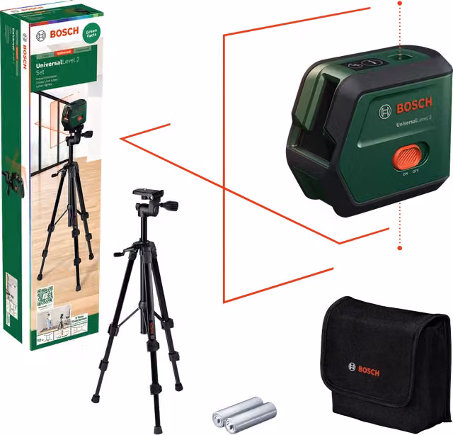 Bosch UniversalLevel 2 Livella Laser a Croce con Autolivellamento Verde e Treppiede Incluso con Raggio 12 m – 1