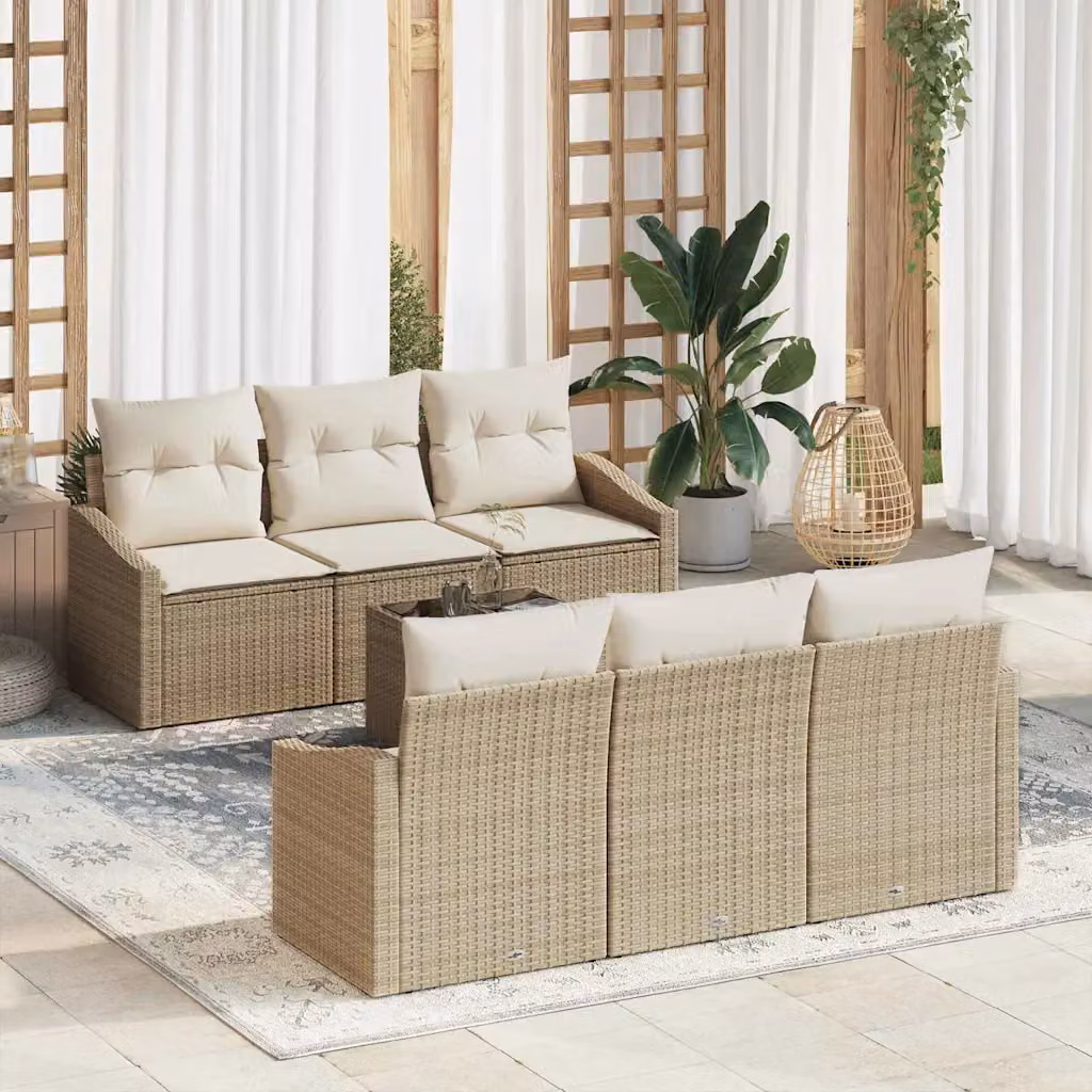 Set di divani da giardino vidaXL 7 pezzi in rattan con cuscini beige e bianco e tavolino da esterno in vetro