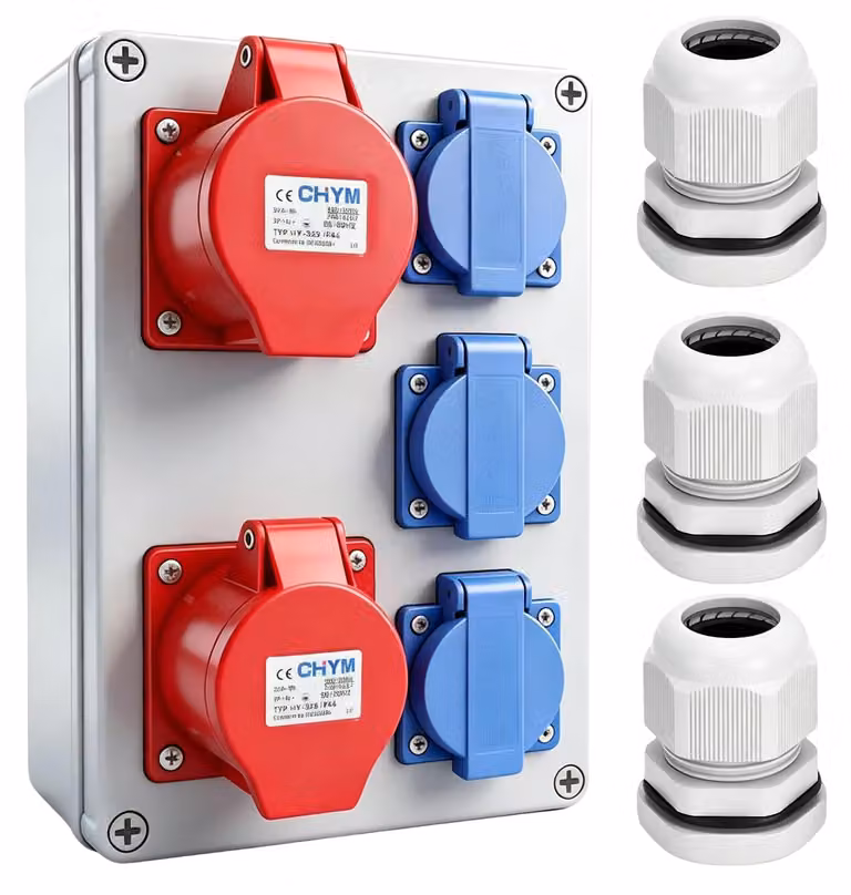 Distributore di corrente con scatola di fusibili, grado di protezione IP67 (resistente all'acqua), presa di corrente industriale CEE