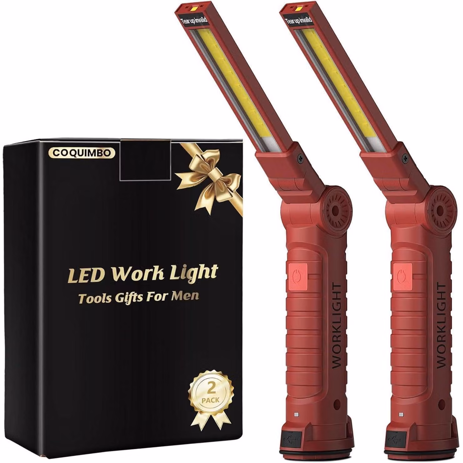 Lampada da lavoro a LED, lampada di ispezione, colore rosso, confezione da 2 pezzi, ricaricabile, con magnete e gancio