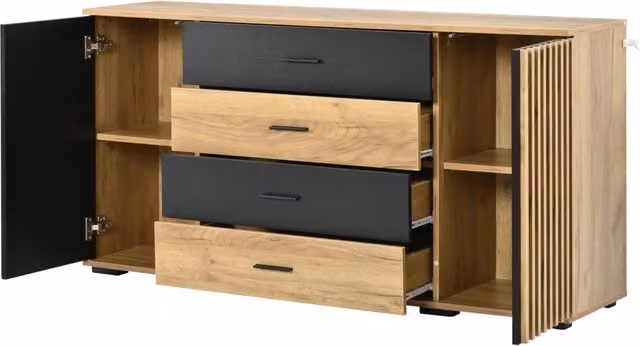 Sideboard in MDF 140x35x70 cm con 4 cassetti e 2 ante, effetto scanalato verticale, combinazione quercia-nera per soggiorno e sala da pranzo