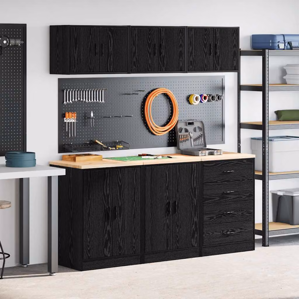 Set di 6 armadi da garage vidaXL in legno di pino nero con ante a battente e cassetti interni