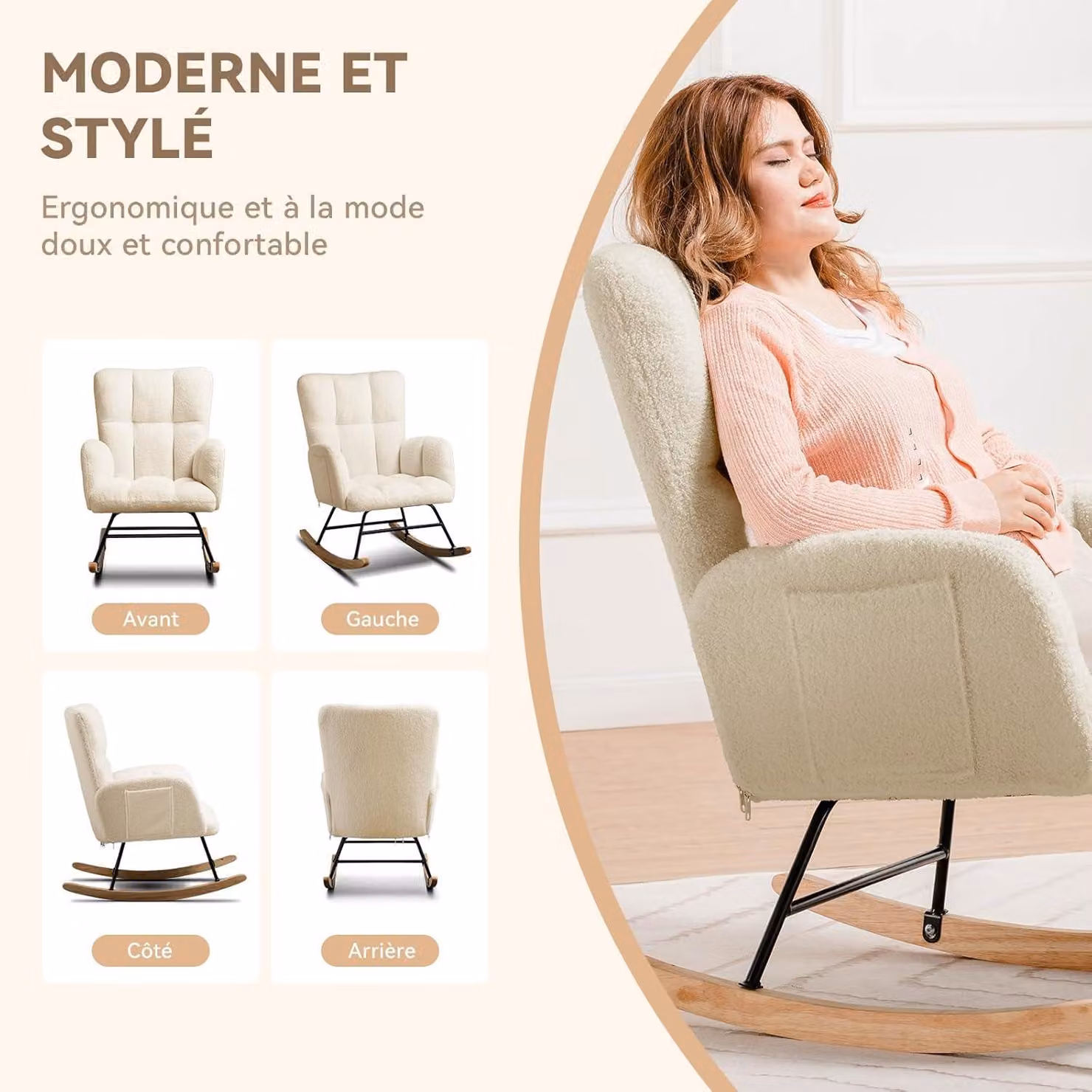 Sedia a dondolo - Poltrona - Poltrona relax - Sedia a sdraio - Beige, con poggiapiedi - Morbida, in peluche