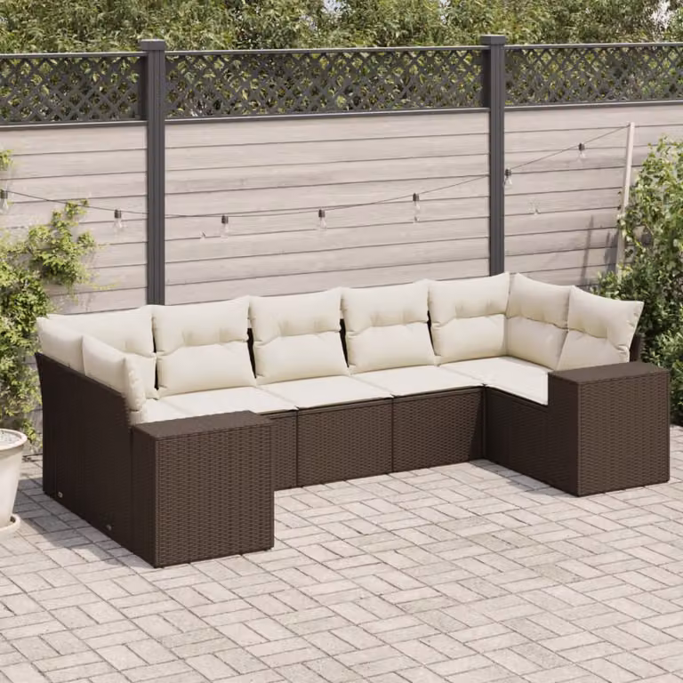 Set di divani da giardino vidaXL 7 pz in polyrattan marrone e bianco con cuscini imbottiti e coperture rimovibili