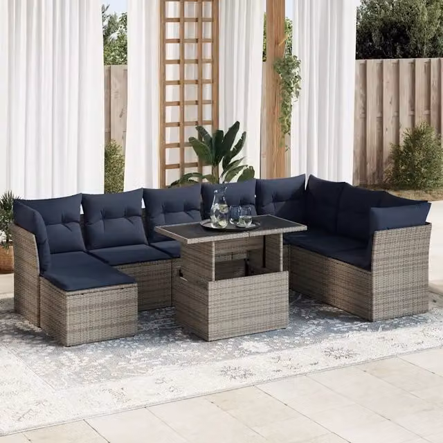 Set Divano da Giardino 9pz con Cuscini Grigio Polyrattan Acacia 3326212